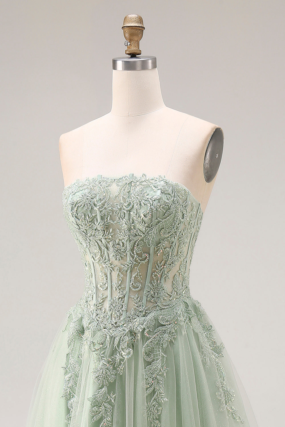 Strapless Corset A Line Dusty Green Appliqued Prom Dress - Image 6