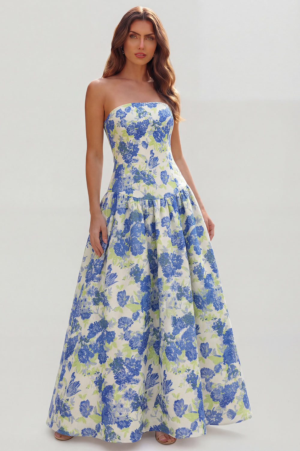 Strapless Blue White Floral A Line Maxi Wedding Guest Dress - Image 5