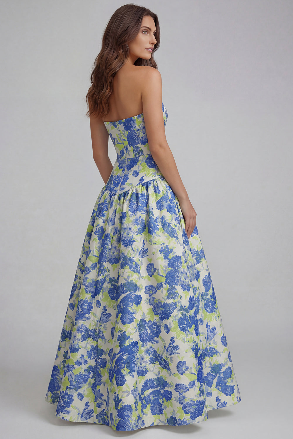 Strapless Blue White Floral A Line Maxi Wedding Guest Dress - Image 6