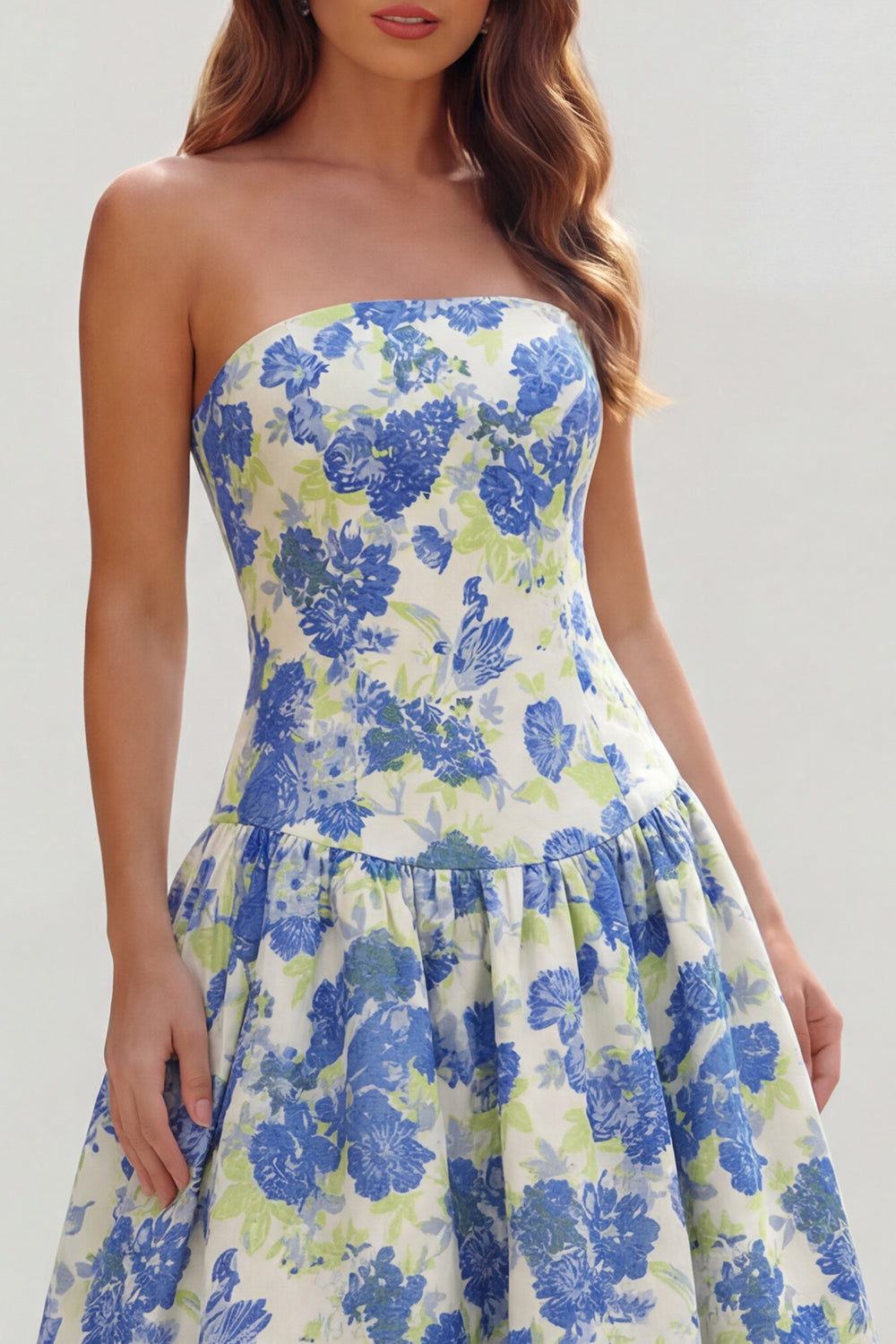 Strapless Blue White Floral A Line Maxi Wedding Guest Dress - Image 7