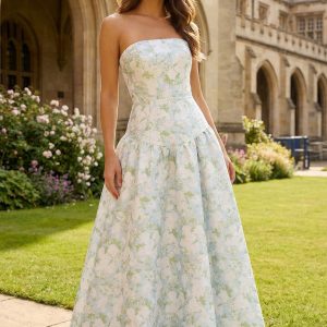 Strapless Blue White Floral A Line Maxi Wedding Guest Dress