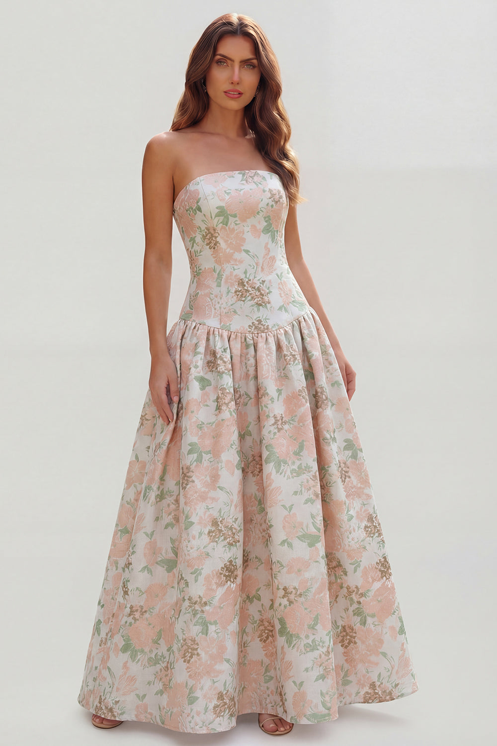 Strapless Blue White Floral A Line Maxi Wedding Guest Dress - Image 9