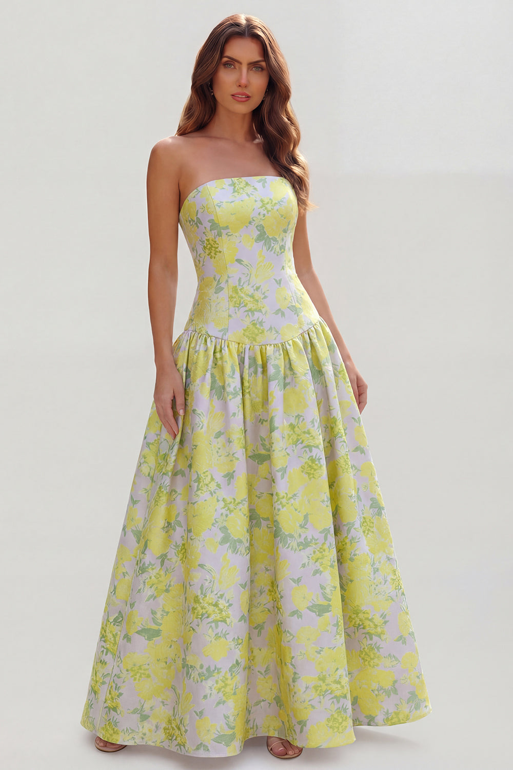 Strapless Blue White Floral A Line Maxi Wedding Guest Dress - Image 13