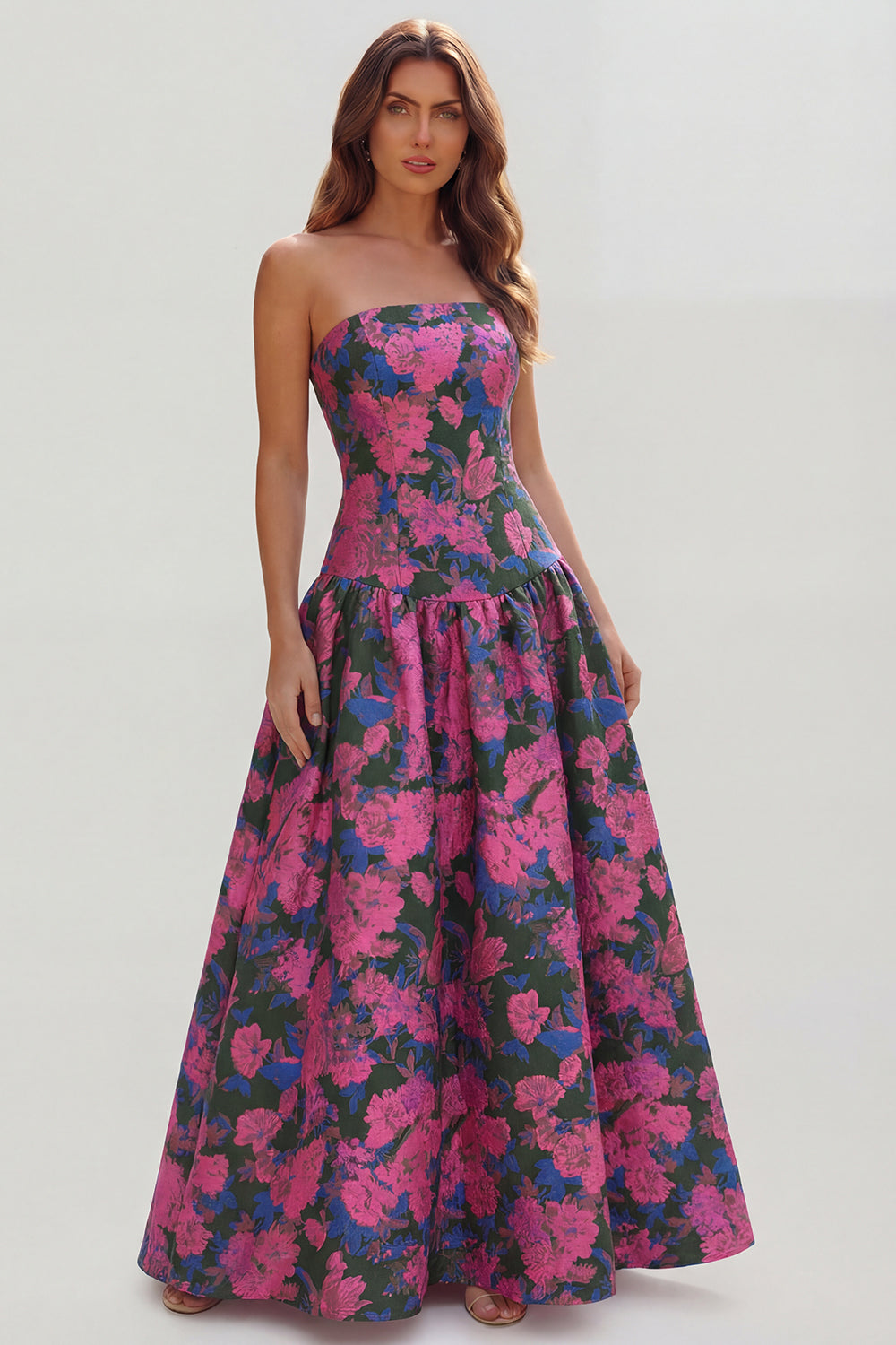 Strapless Blue White Floral A Line Maxi Wedding Guest Dress - Image 17