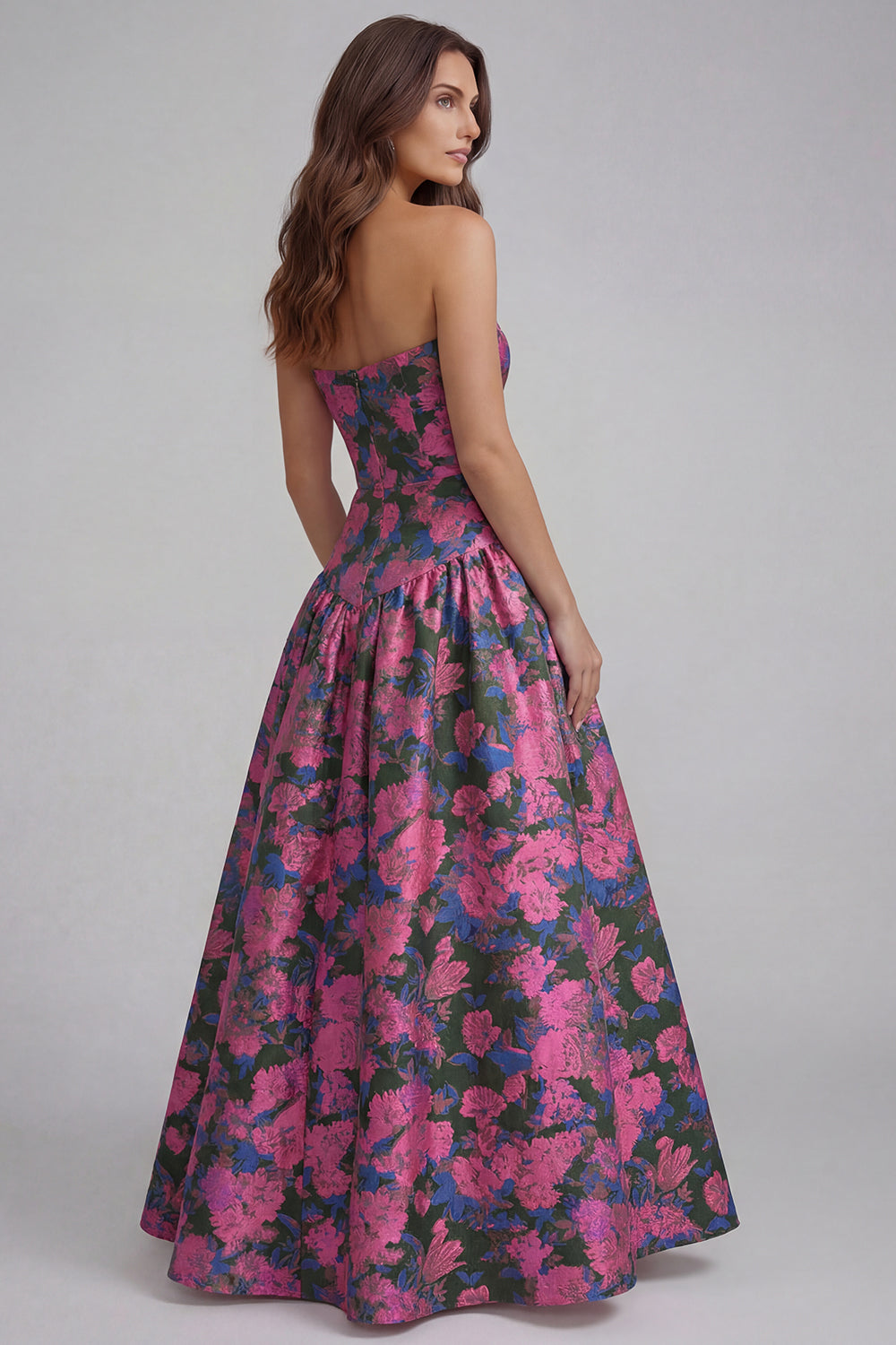 Strapless Blue White Floral A Line Maxi Wedding Guest Dress - Image 18