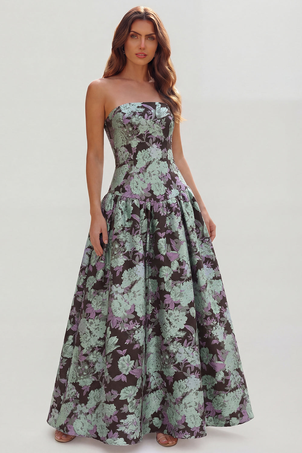 Strapless Blue White Floral A Line Maxi Wedding Guest Dress - Image 21