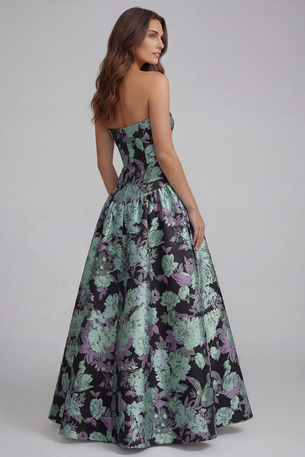 Strapless Blue White Floral A Line Maxi Wedding Guest Dress - Image 22