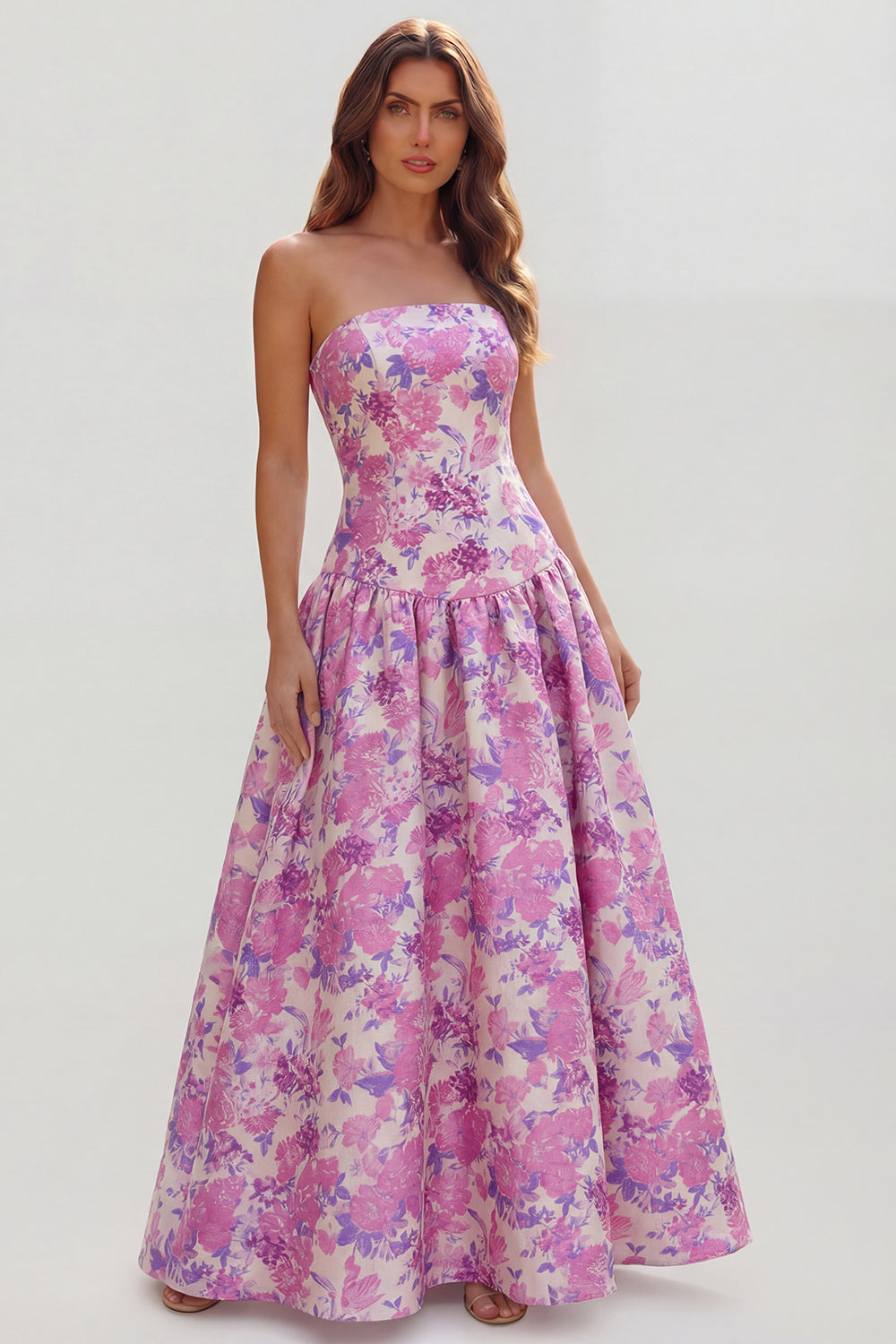Strapless Blue White Floral A Line Maxi Wedding Guest Dress - Image 25