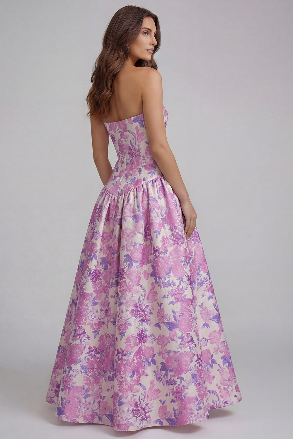 Strapless Blue White Floral A Line Maxi Wedding Guest Dress - Image 26