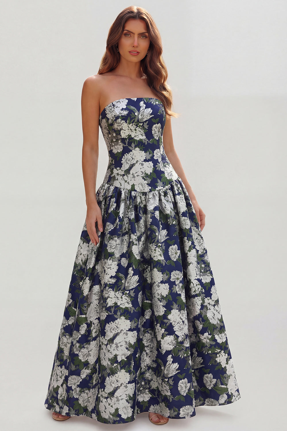 Strapless Blue White Floral A Line Maxi Wedding Guest Dress - Image 29