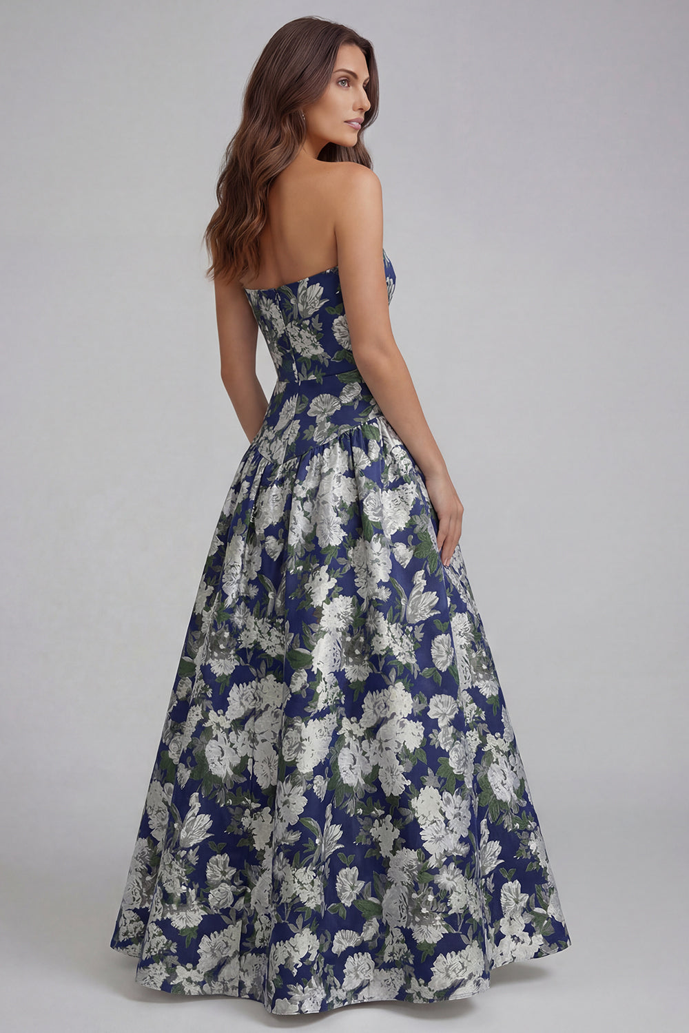 Strapless Blue White Floral A Line Maxi Wedding Guest Dress - Image 30