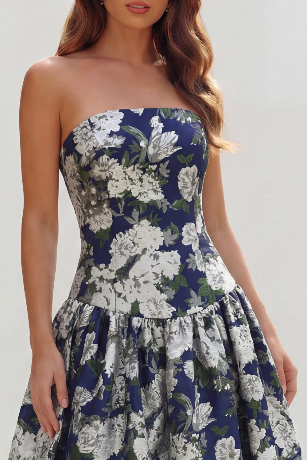 Strapless Blue White Floral A Line Maxi Wedding Guest Dress - Image 31