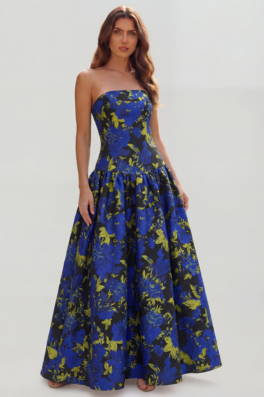 Strapless Blue White Floral A Line Maxi Wedding Guest Dress - Image 33