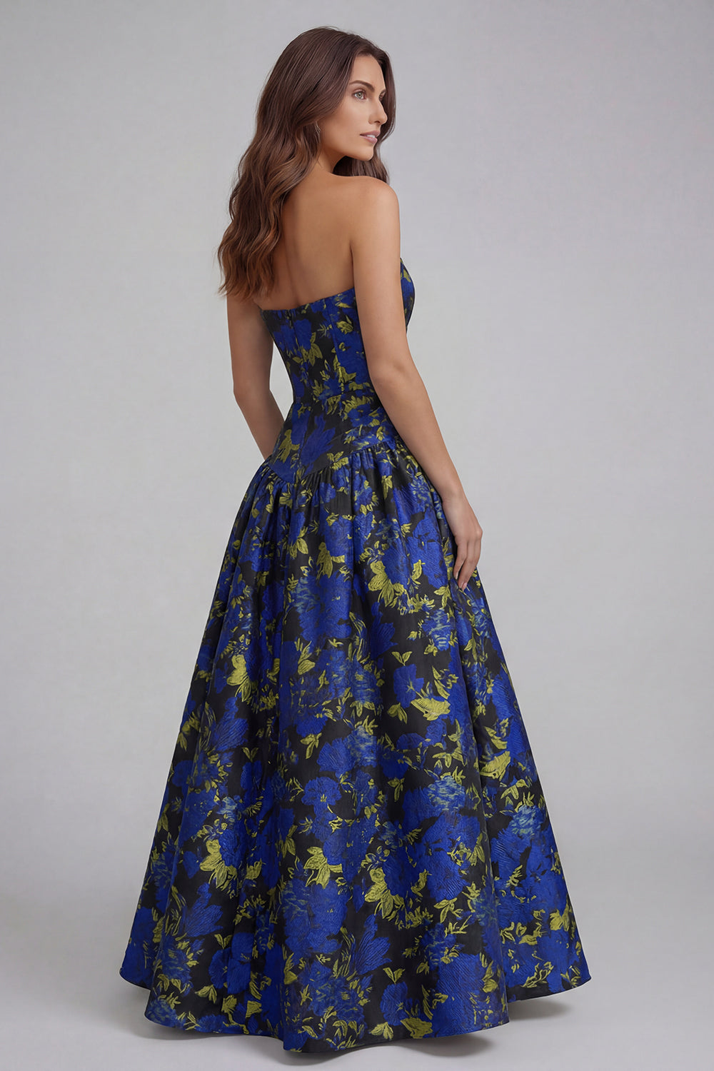 Strapless Blue White Floral A Line Maxi Wedding Guest Dress - Image 34