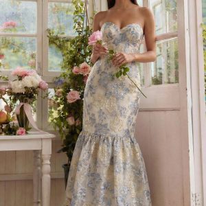 Strapless Brocade Dusty Blue Mermaid Wedding Guest Dress