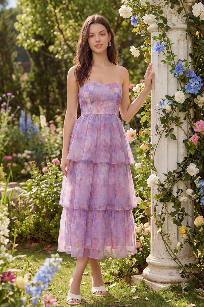 Strapless Floral Purple Tiered Wedding Guest Dress