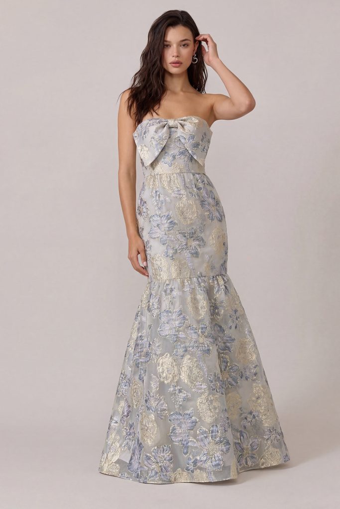 Strapless Bowed Mermaid Dusty Blue Prom Dress