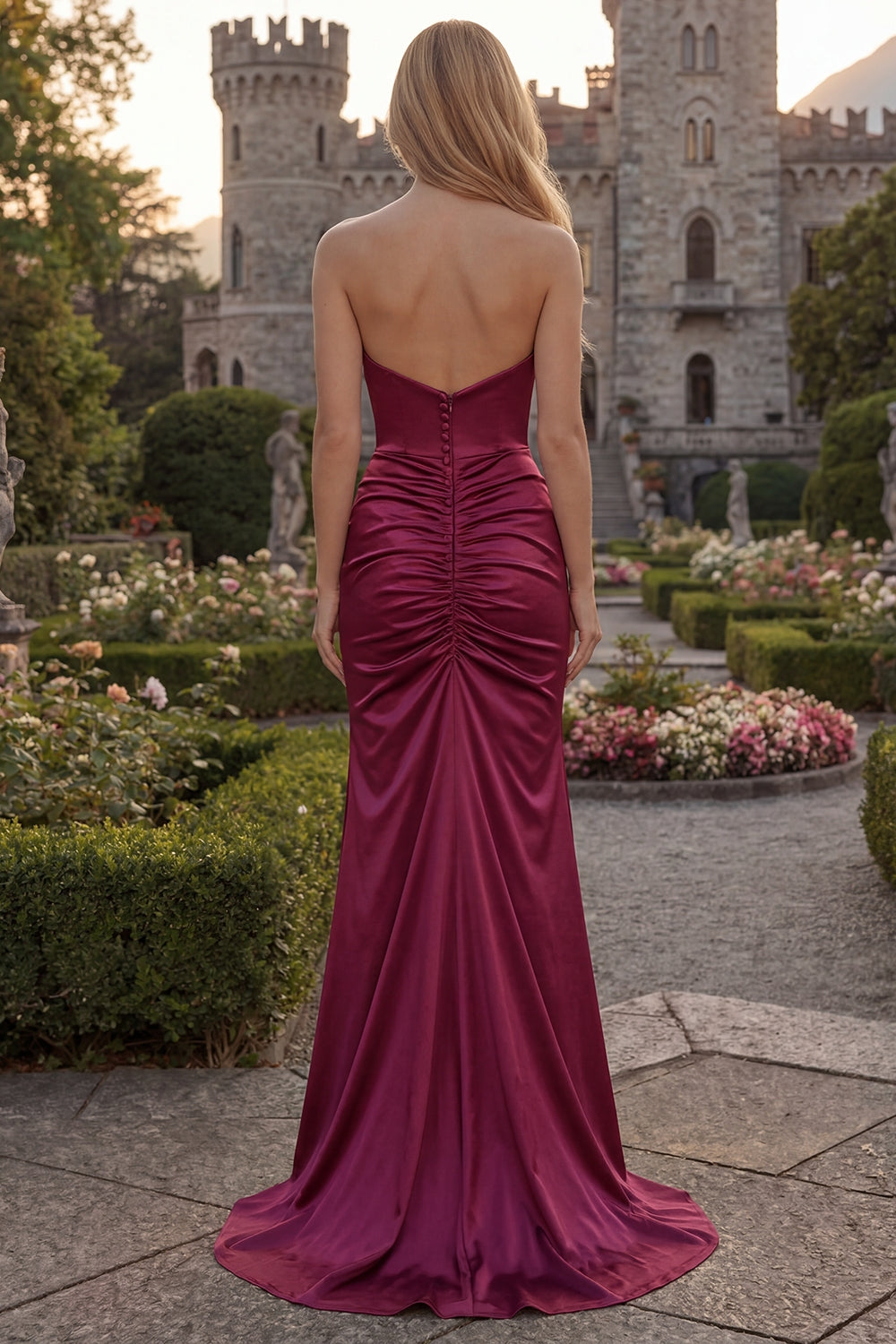 Strapless Burgundy Mermaid Satin Ruched Maxi Prom Dress - Image 2