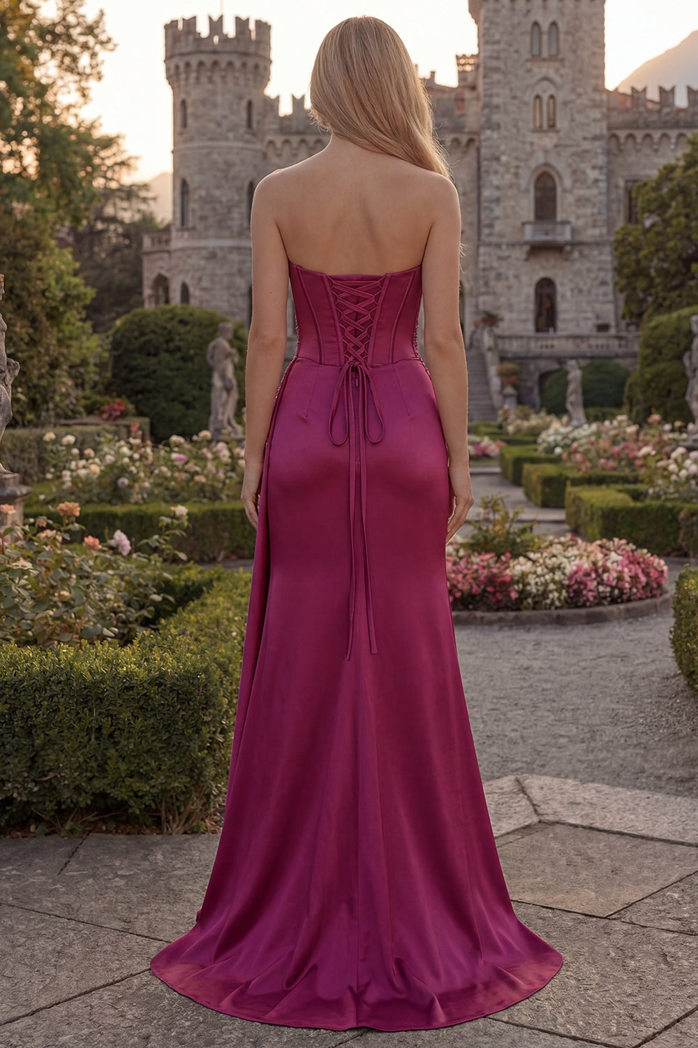 Strapless Corset Mermaid Burgundy Appliqued Prom Dress - Image 2