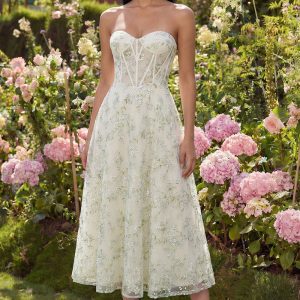 Strapless Floral Corset Light Green A Line Wedding Guest Dress