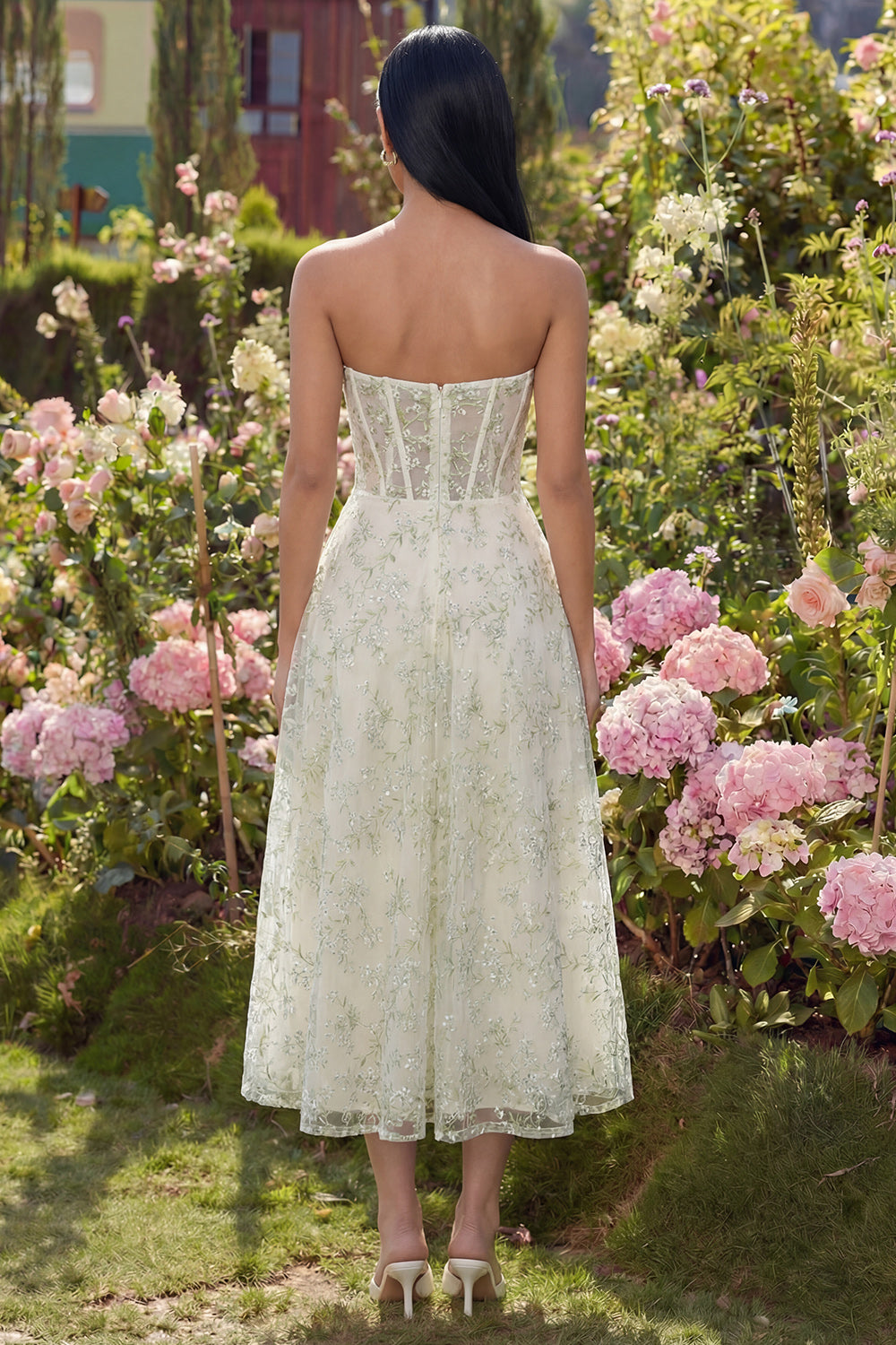 Strapless Floral Corset Light Green A Line Wedding Guest Dress - Image 2