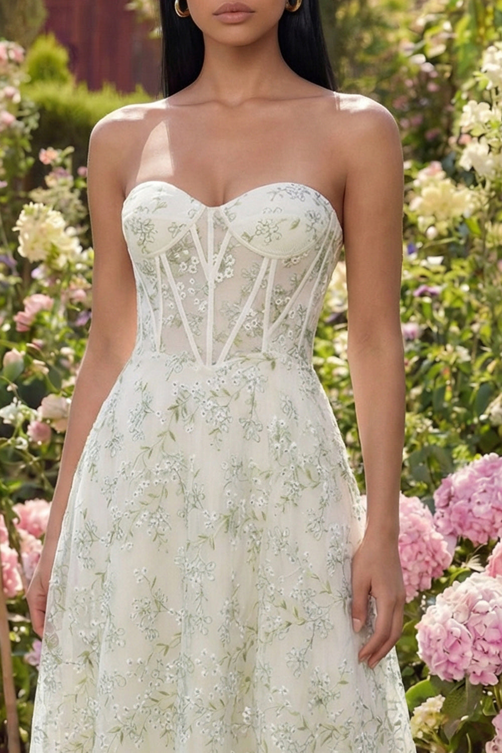 Strapless Floral Corset Light Green A Line Wedding Guest Dress - Image 3
