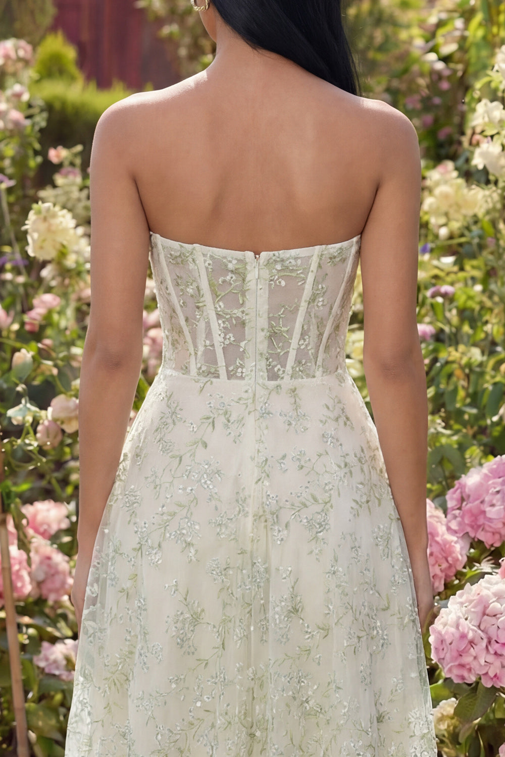 Strapless Floral Corset Light Green A Line Wedding Guest Dress - Image 4