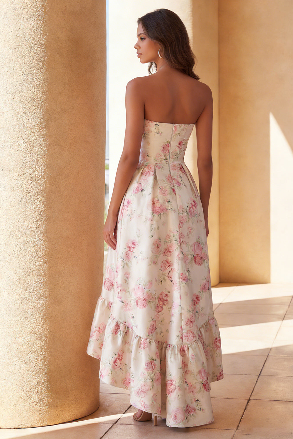 Strapless Floral White High Low Ruffled Wedding Guest Dress - Image 2