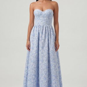 Strapless Floral Blue A Line Maxi Wedding Guest Dress