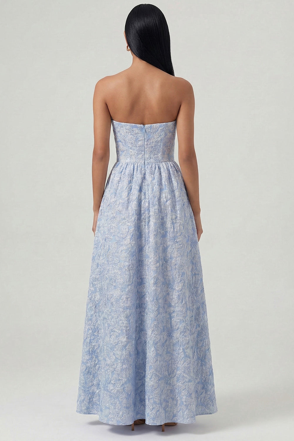 Strapless Floral Blue A Line Maxi Wedding Guest Dress - Image 2