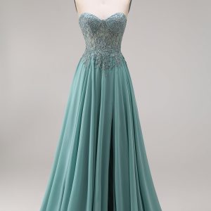 Strapless Eucalyptus Corset Appliqued Beaded A Line Prom Dress