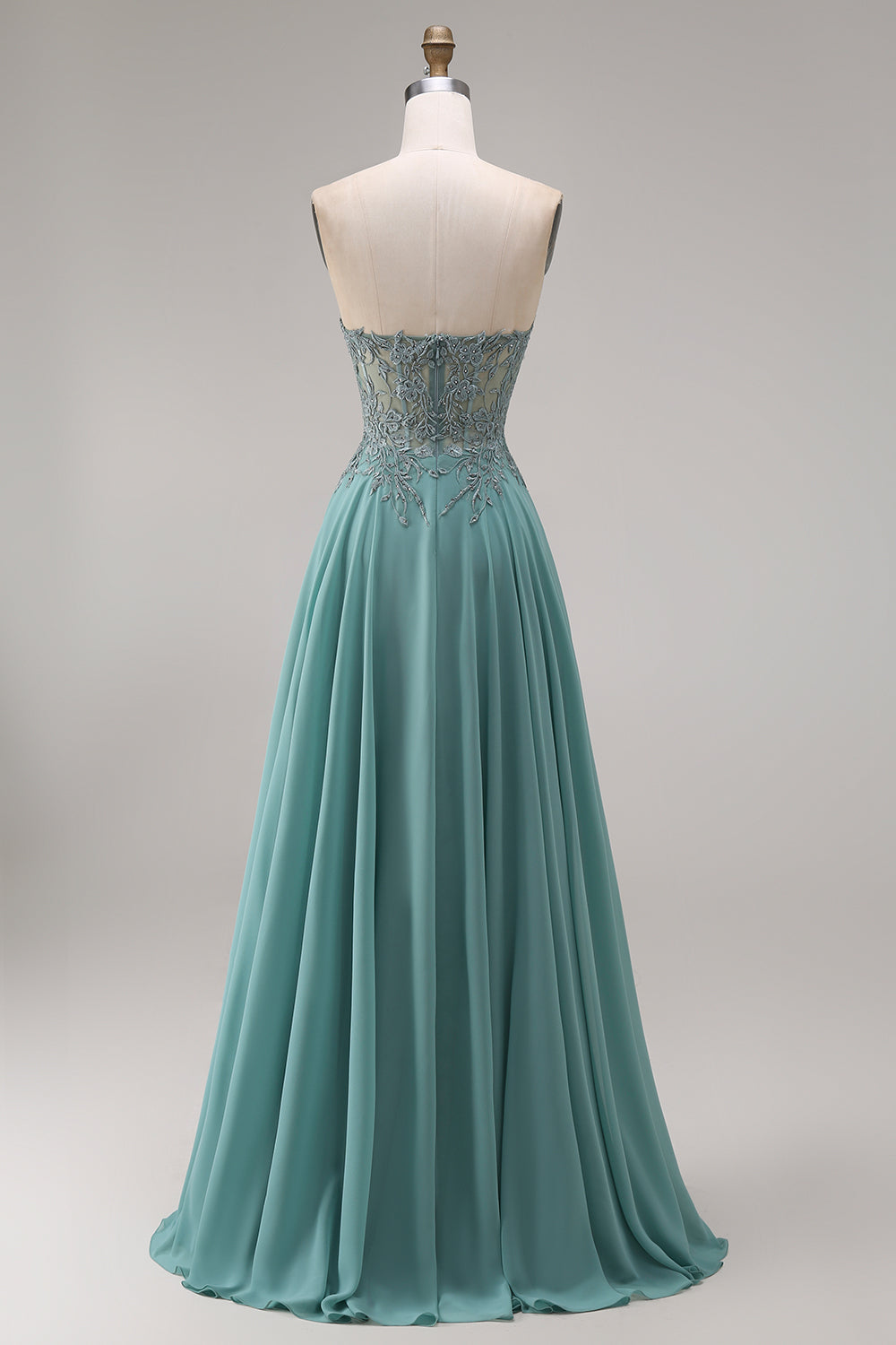 Strapless Eucalyptus Corset Appliqued Beaded A Line Prom Dress - Image 2