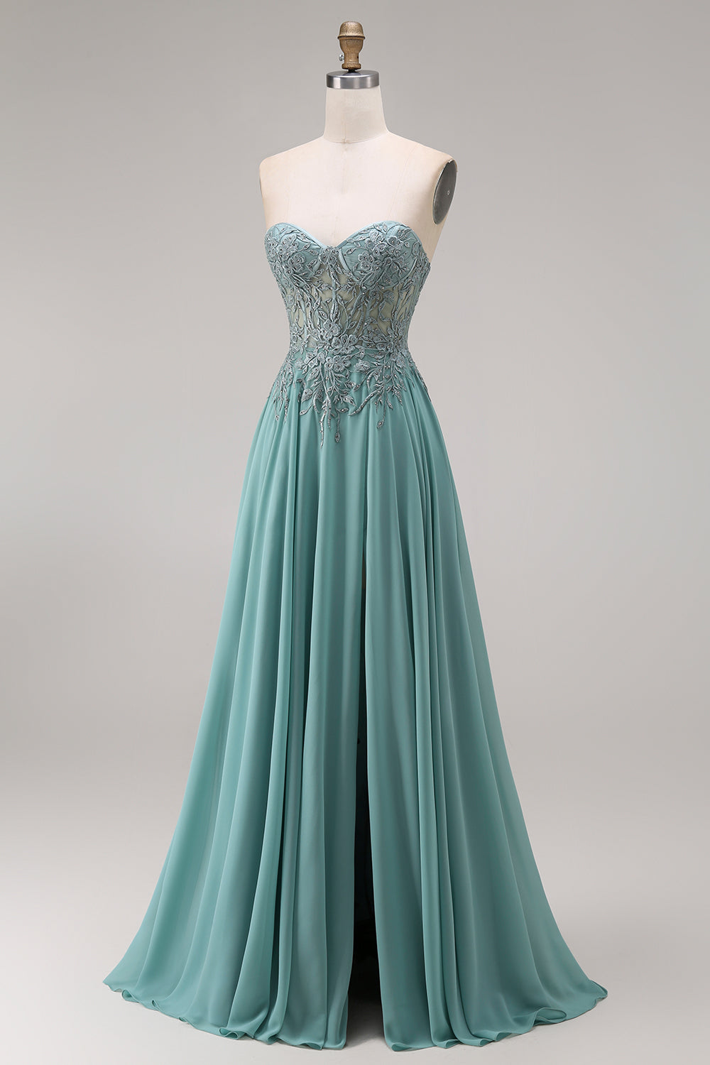 Strapless Eucalyptus Corset Appliqued Beaded A Line Prom Dress - Image 3