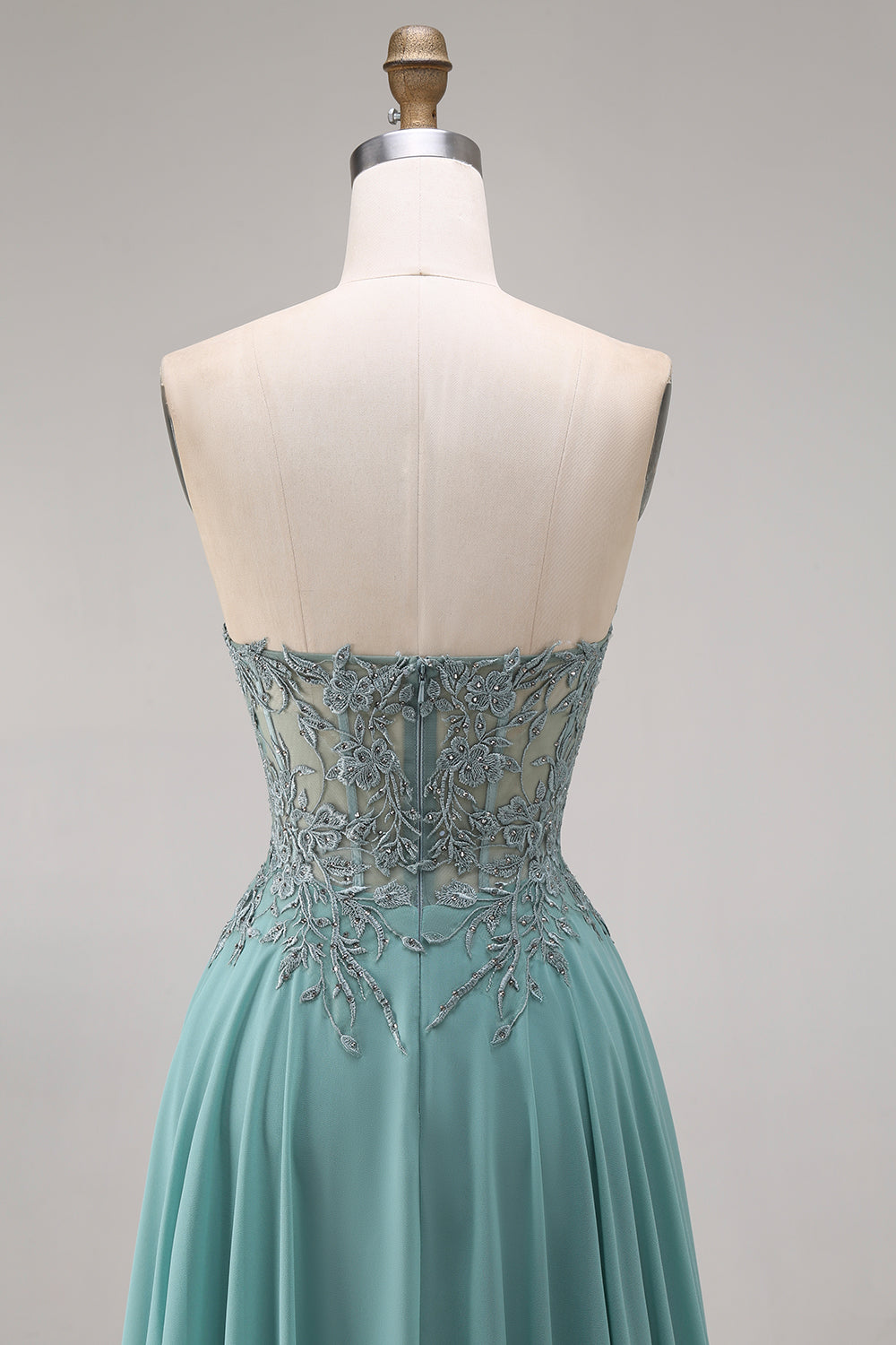 Strapless Eucalyptus Corset Appliqued Beaded A Line Prom Dress - Image 5