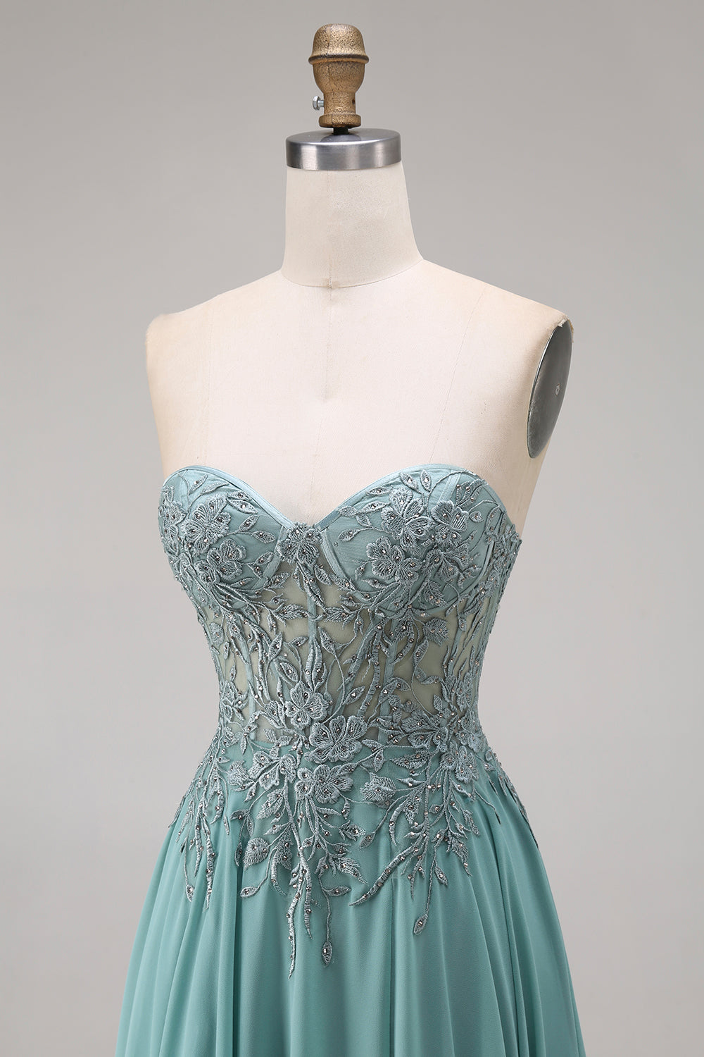 Strapless Eucalyptus Corset Appliqued Beaded A Line Prom Dress - Image 6