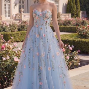 Strapless Floral Blue Corset A Line Tulle Prom Dress