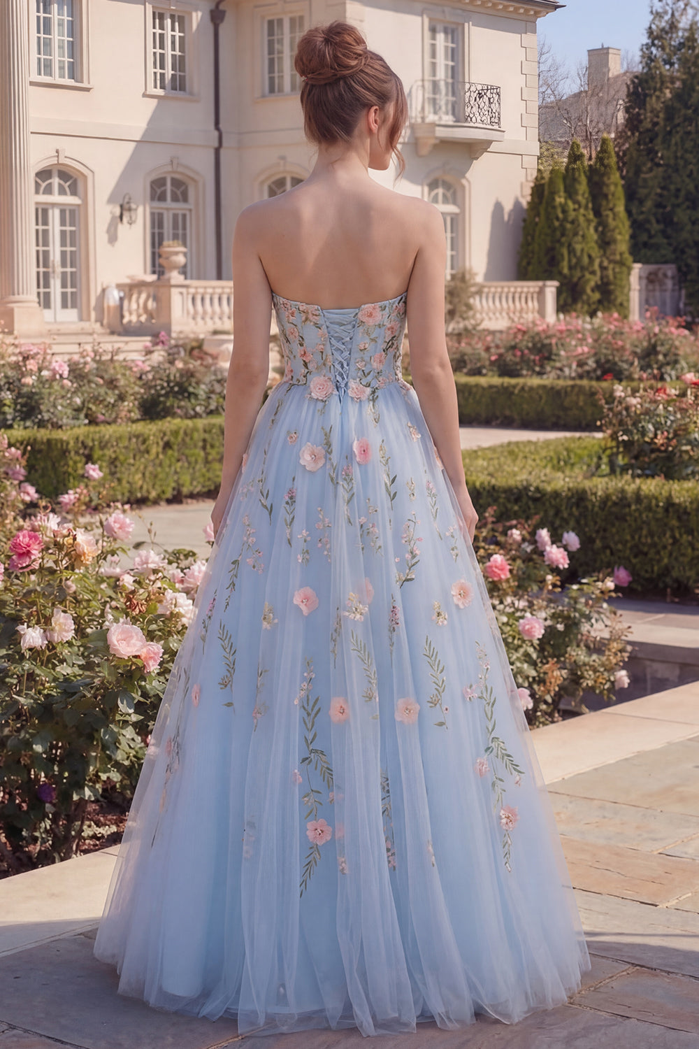 Strapless Floral Blue Corset A Line Tulle Prom Dress - Image 2