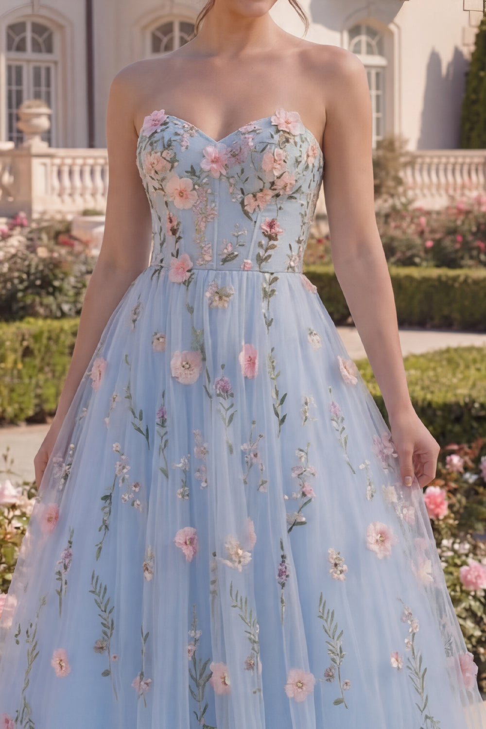Strapless Floral Blue Corset A Line Tulle Prom Dress - Image 3