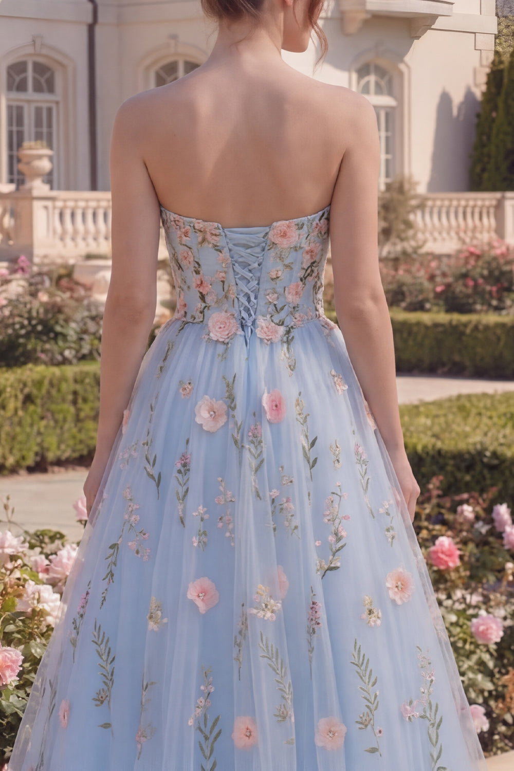 Strapless Floral Blue Corset A Line Tulle Prom Dress - Image 4