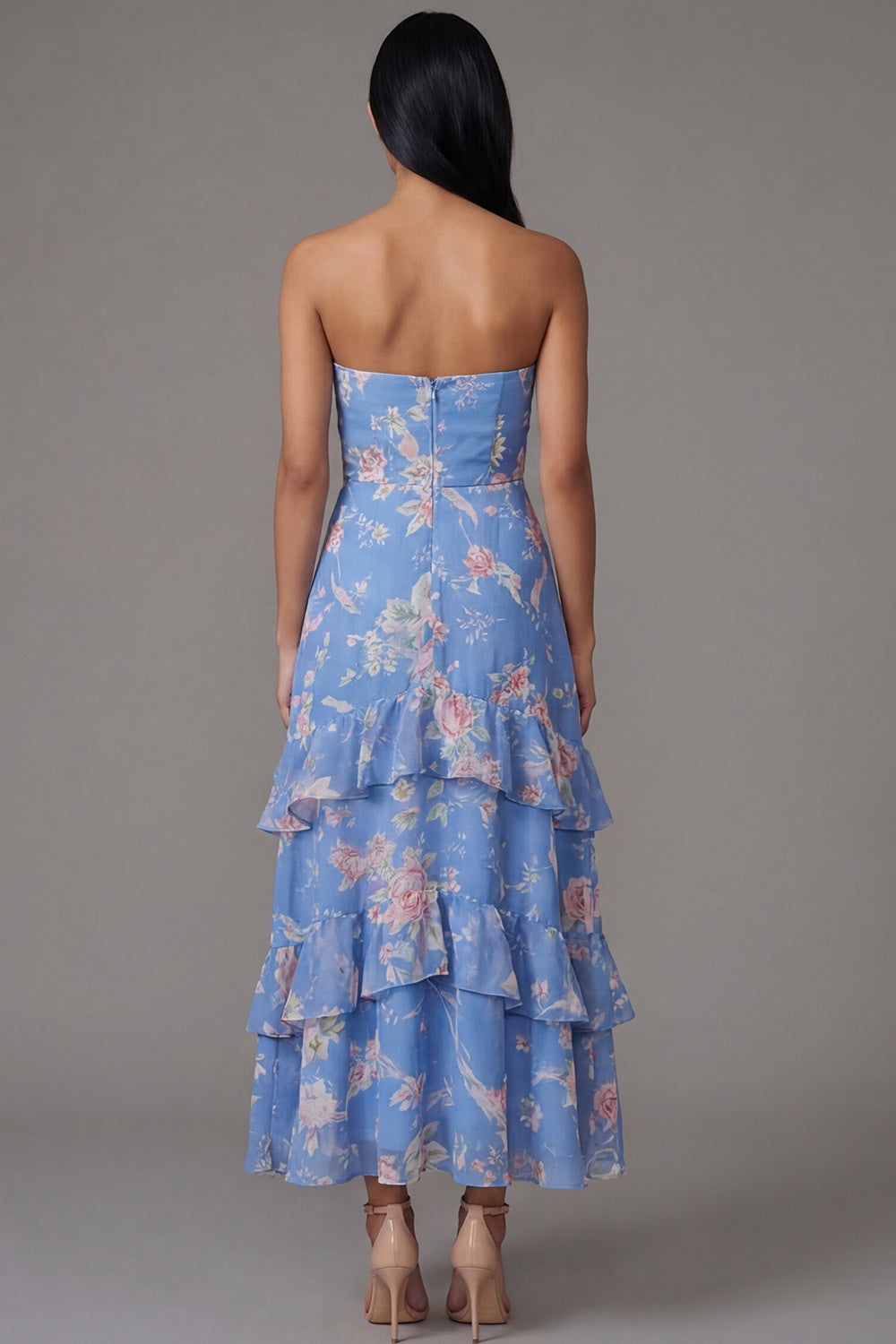 Strapless Floral Blue A Line Ruffled Wedding Guest Dress - Image 2