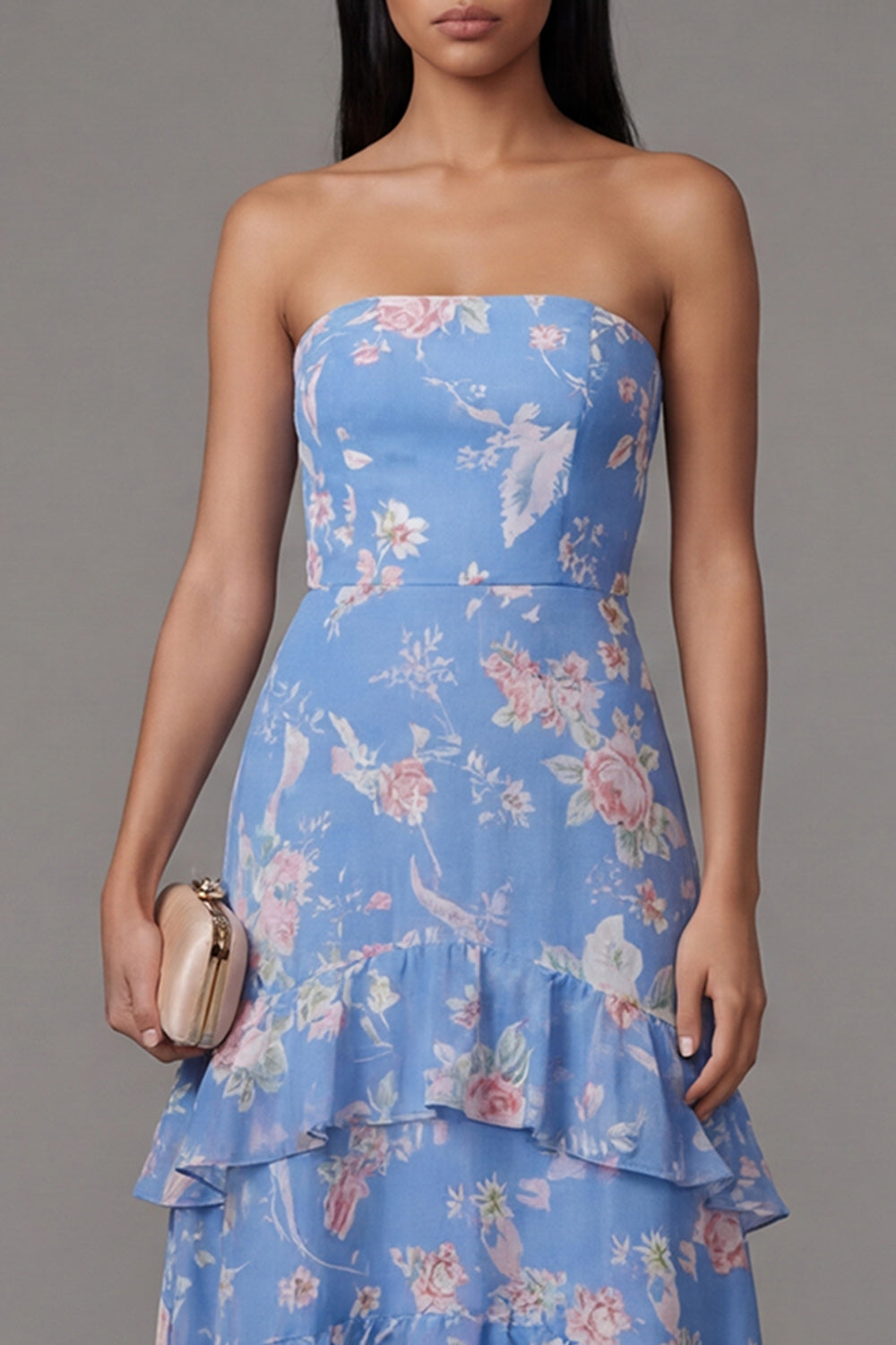 Strapless Floral Blue A Line Ruffled Wedding Guest Dress - Image 3