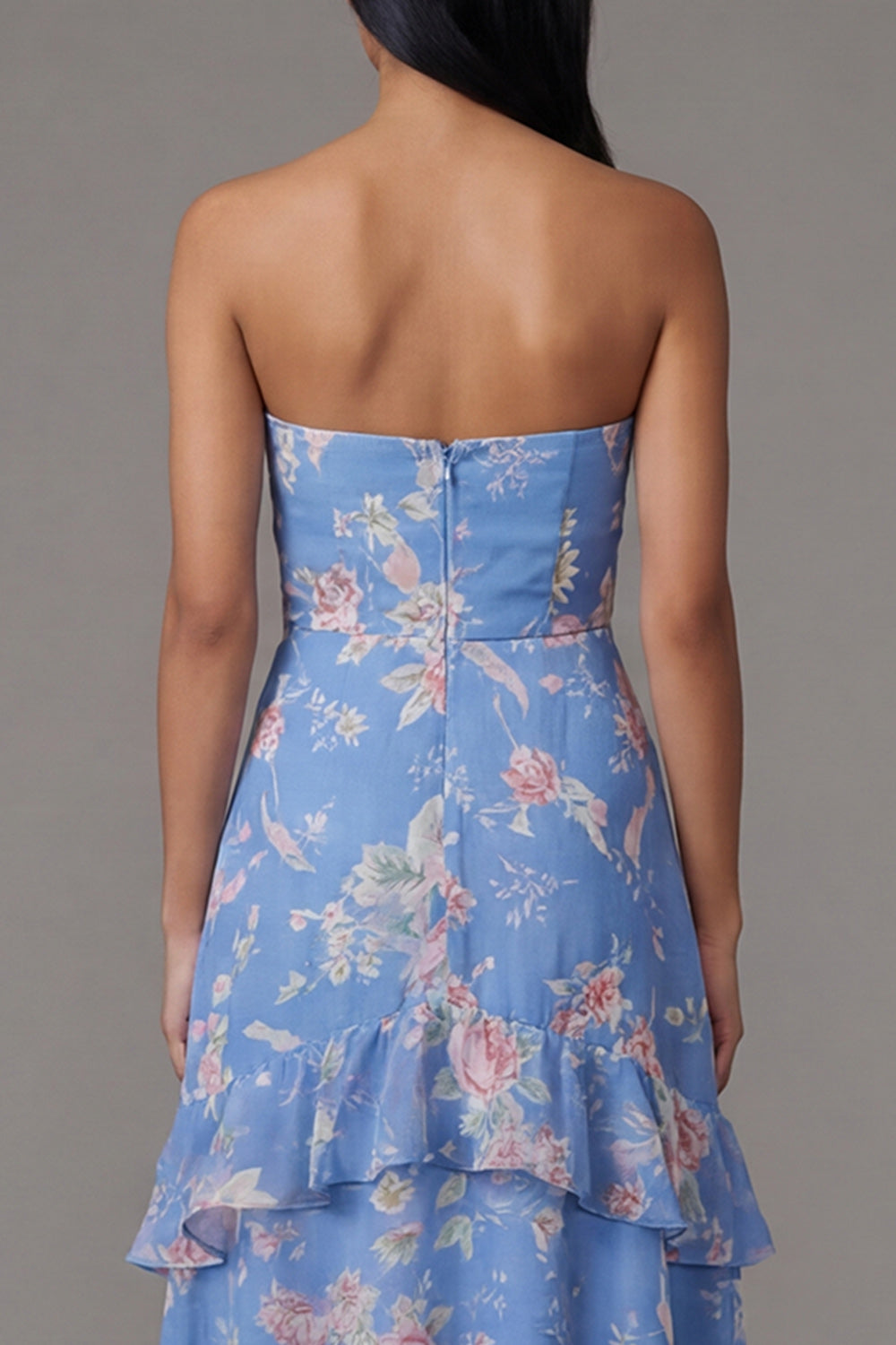 Strapless Floral Blue A Line Ruffled Wedding Guest Dress - Image 4