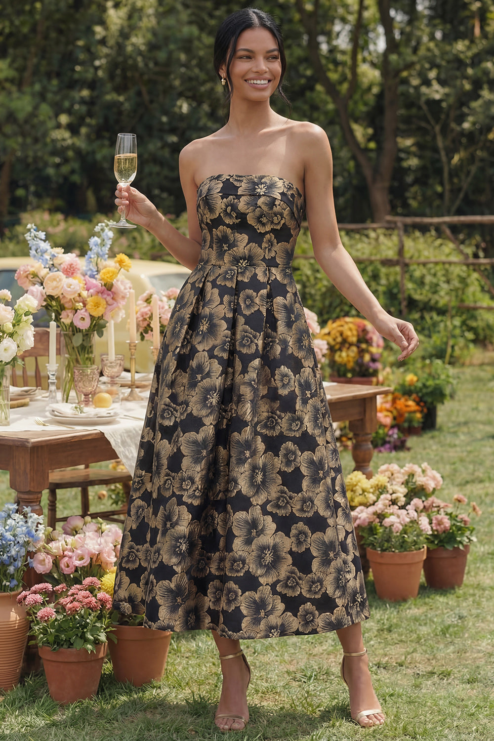 Strapless Gold Floral Brocade A Line Midi Wedding Guest Dress - Image 5