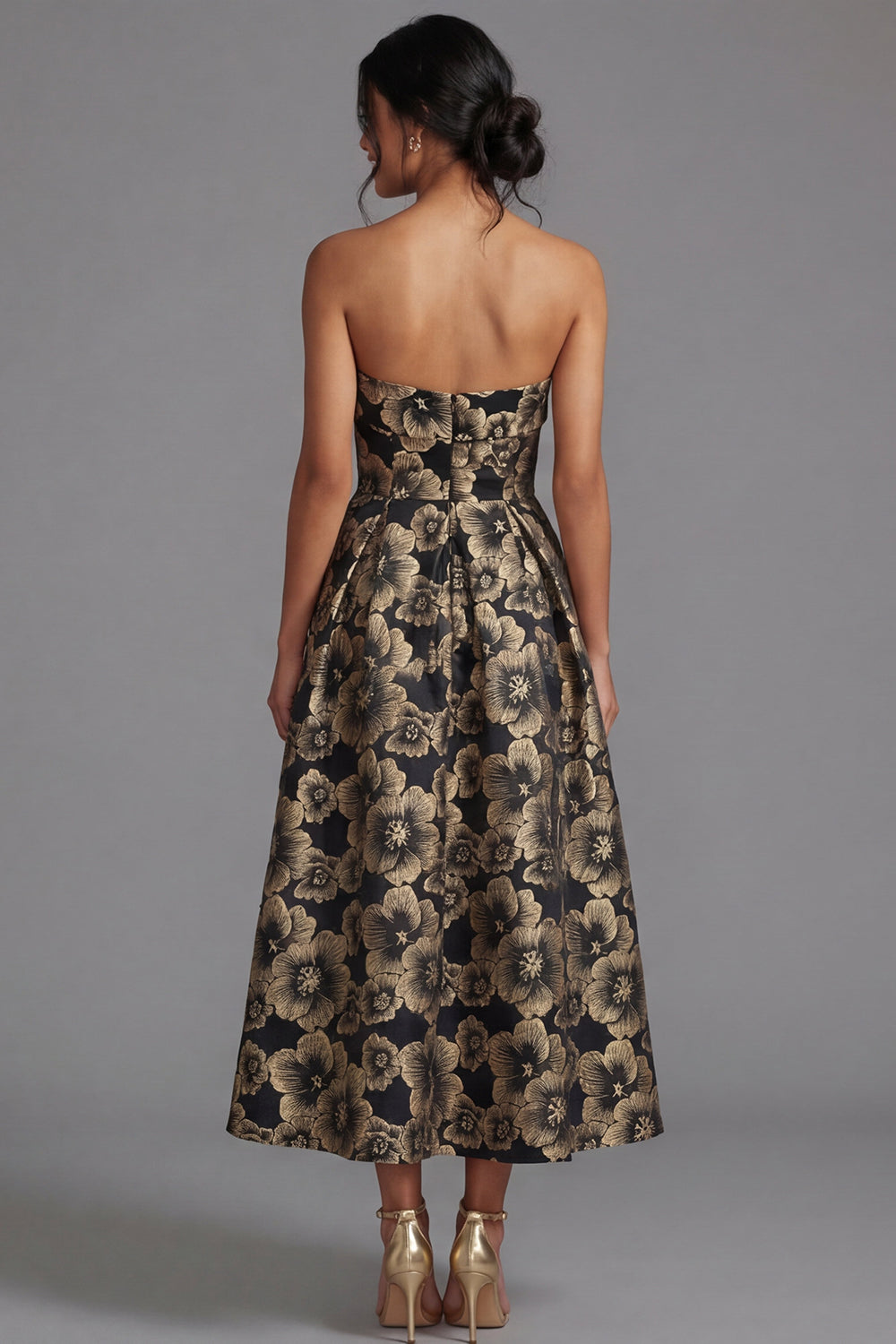 Strapless Gold Floral Brocade A Line Midi Wedding Guest Dress - Image 6