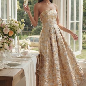 Strapless Gold Floral Brocade A Line Midi Wedding Guest Dress