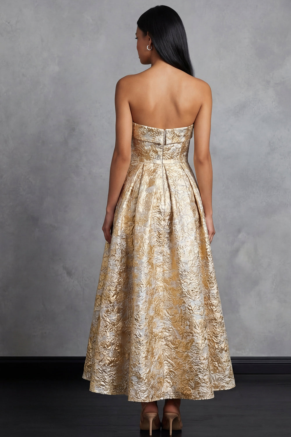 Strapless Gold Floral Brocade A Line Midi Wedding Guest Dress - Image 2