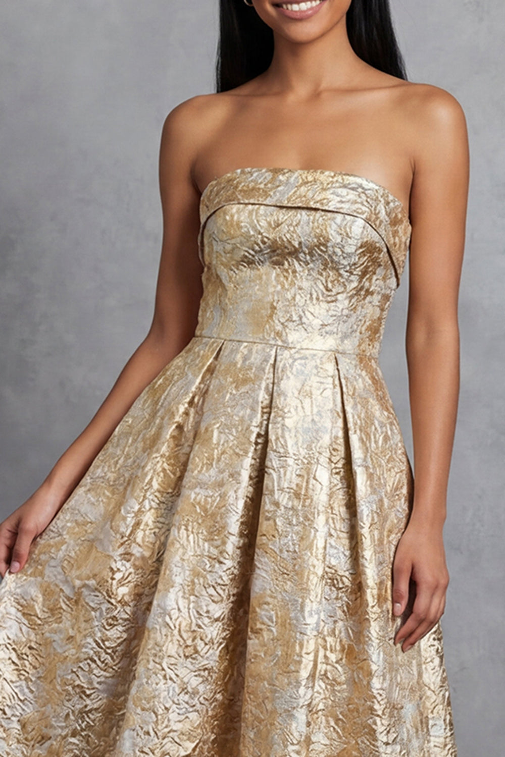 Strapless Gold Floral Brocade A Line Midi Wedding Guest Dress - Image 3