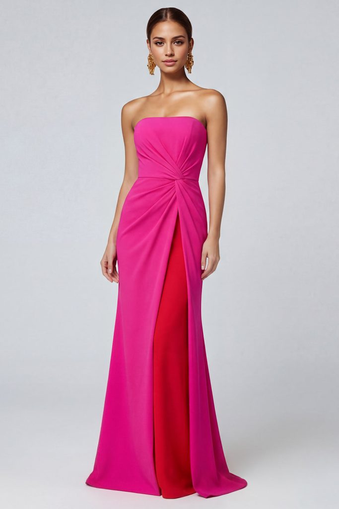 Strapless Fuchsia and Red Mermaid Ruched Formal Dress