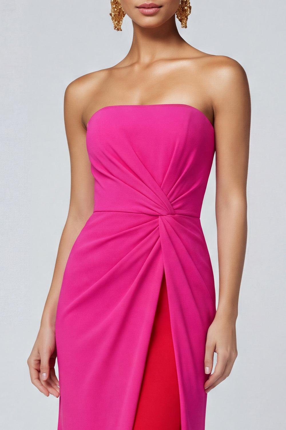 Strapless Fuchsia and Red Mermaid Ruched Formal Dress - Image 3