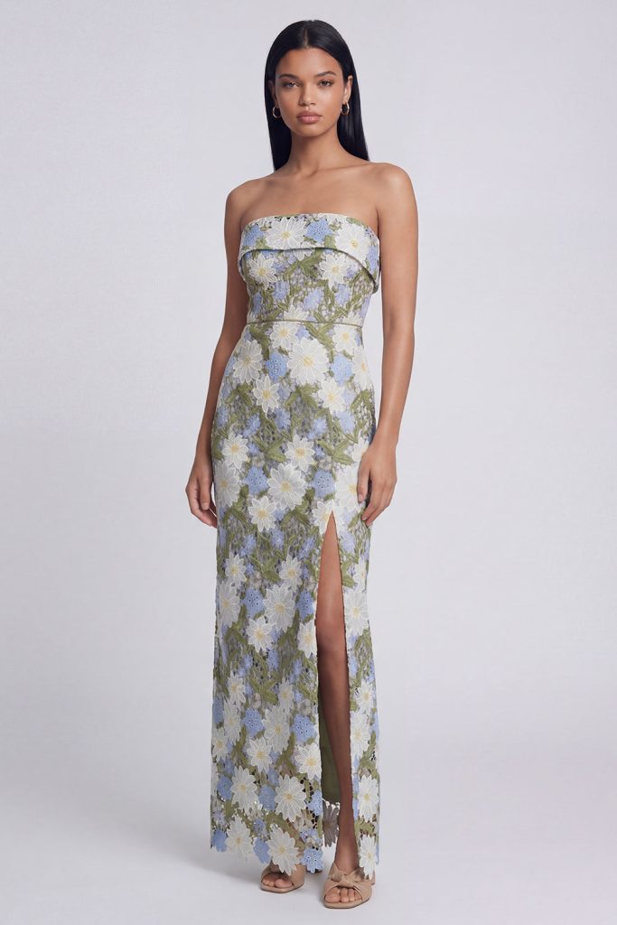 Strapless Floral Green Sheath Wedding Guest Dress